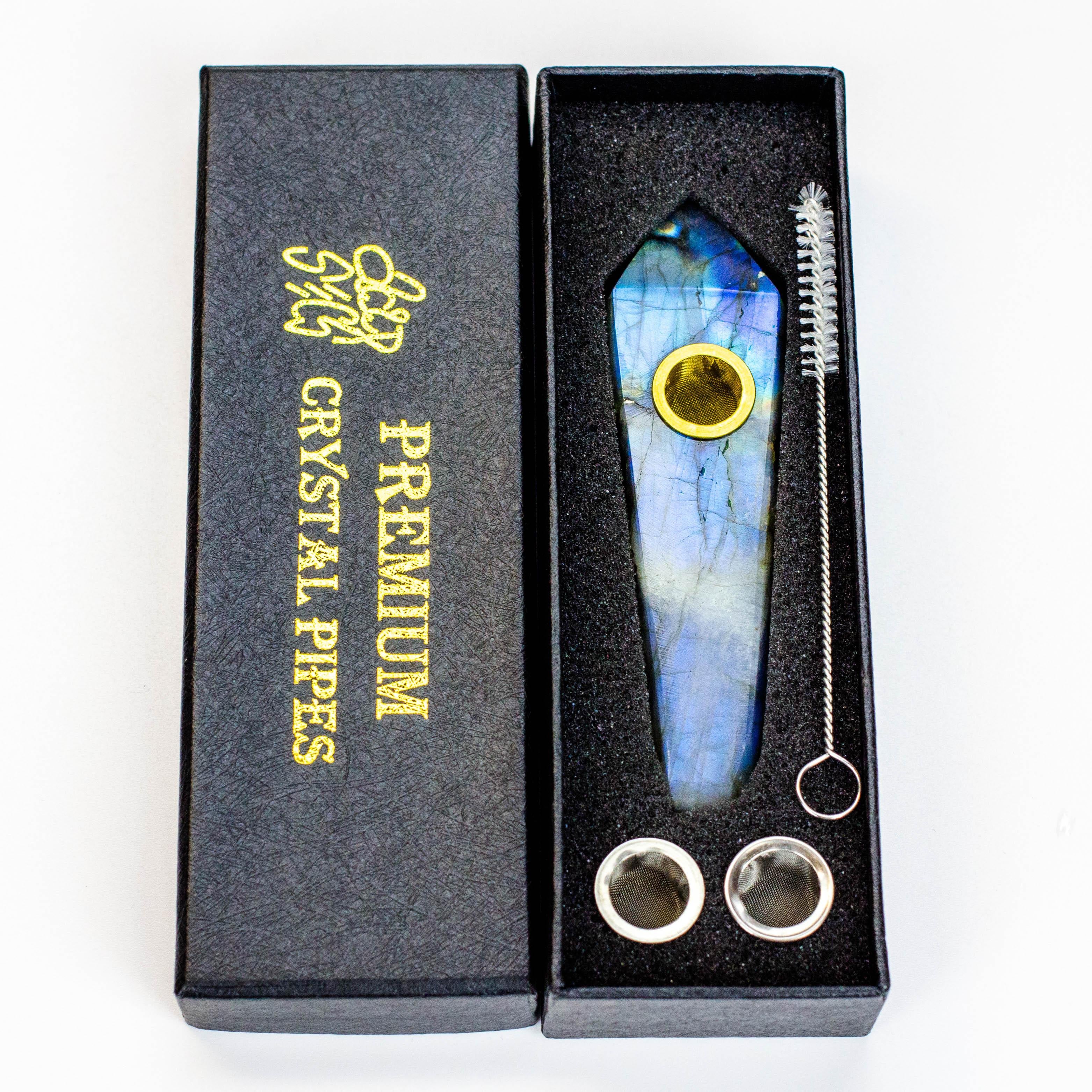 Acid Secs - Natural Labradorite FLASH Smoking Pipe with choke hole Main image