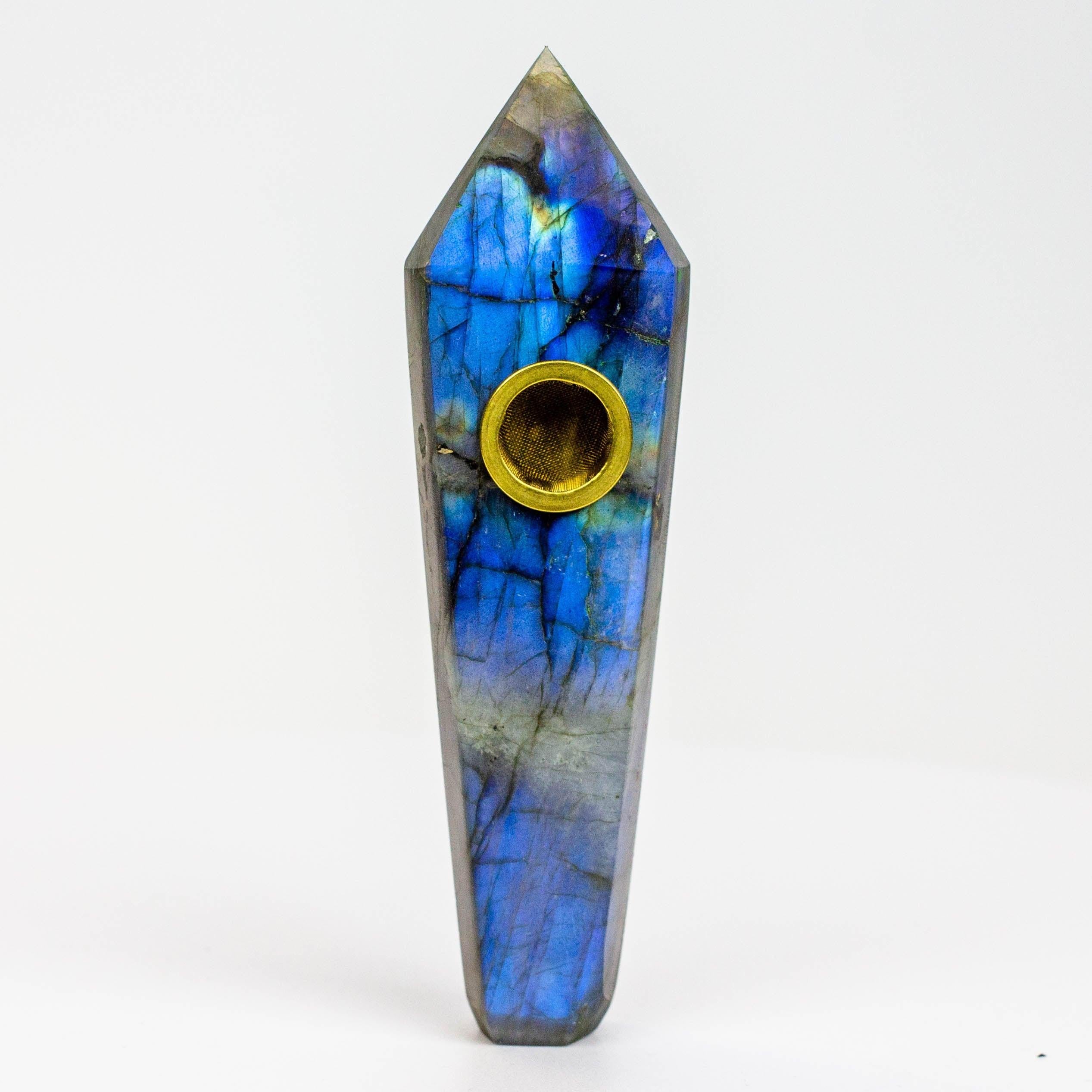 Acid Secs - Natural Labradorite FLASH Smoking Pipe with choke hole Secondary image