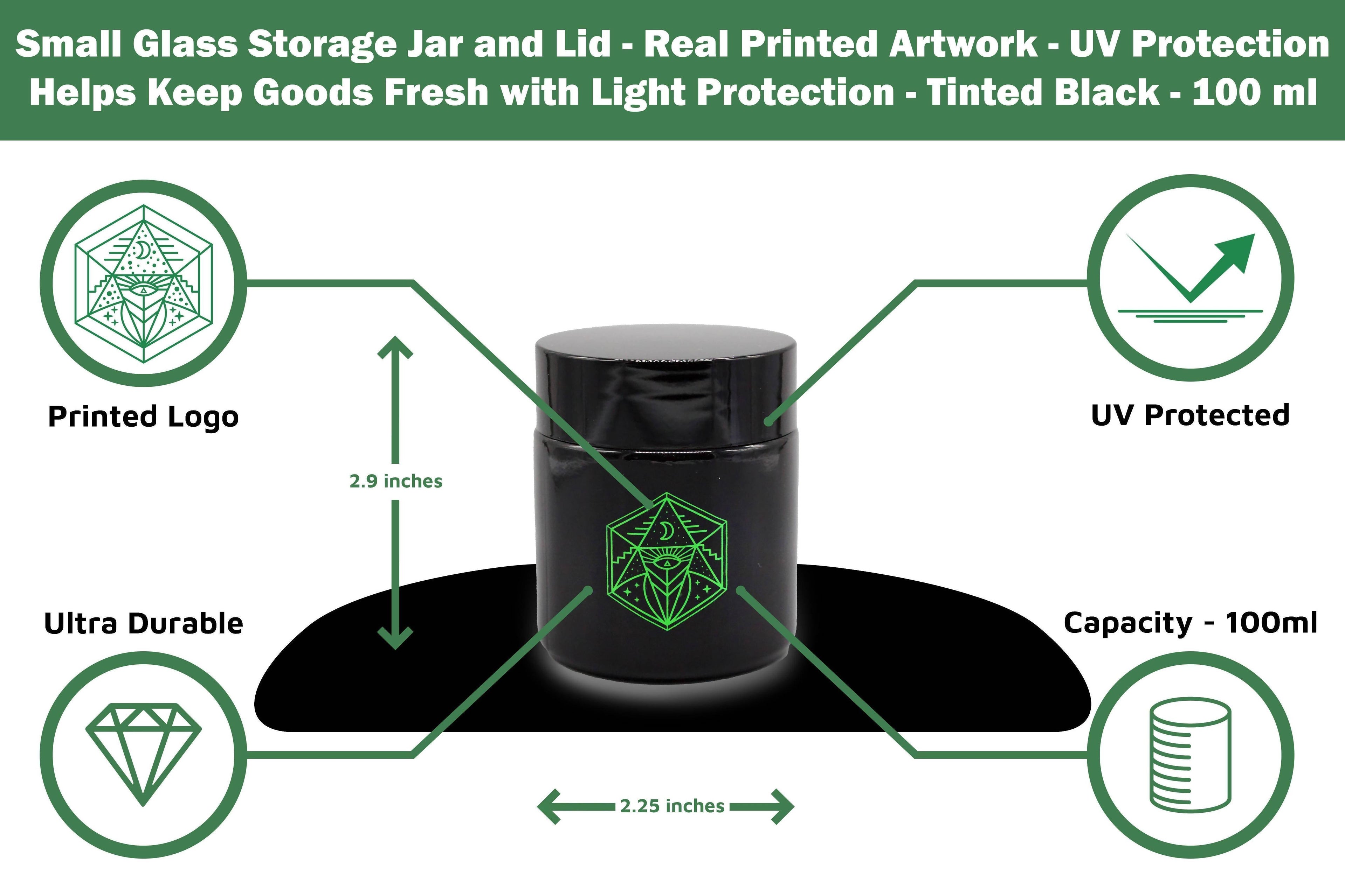 Small Glass Storage Jar and Lid - Real Printed Artwork - UV Protection - Helps Keep Goods Fresh with Light Protection- Tinted Black - 100 ml - Ancient Symbol Design - Accessories By Leaf-Way Brand